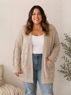 Time and Tru Beige Open-Front Knit Cardigan